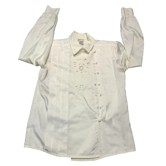 NICOLA Tops - Nicola Vintage Cream Eyelet Embroidered Side Button Blouse Sz 6 Long Sleeve